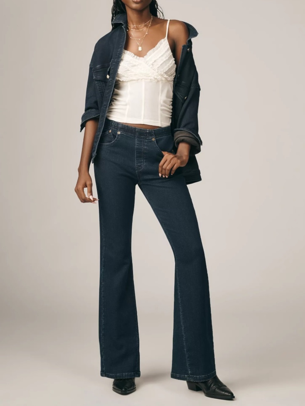 Anthropologie Pilcro Essential Low-Rise Pull-On Knit Flare Jeans in Dark Denim